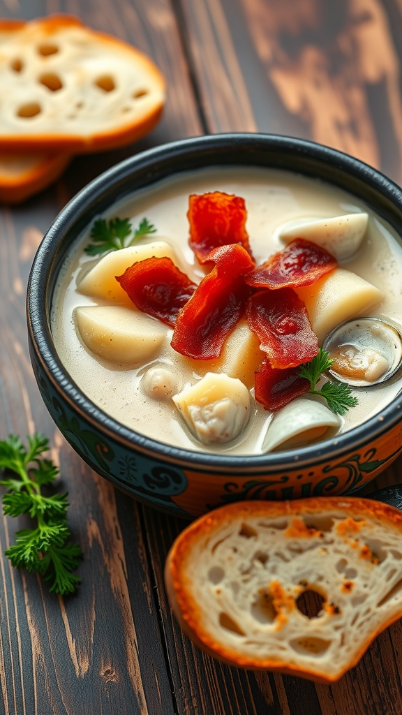 A comforting bowl of clam chowder with bacon and parsley, served on a rustic table with bread.